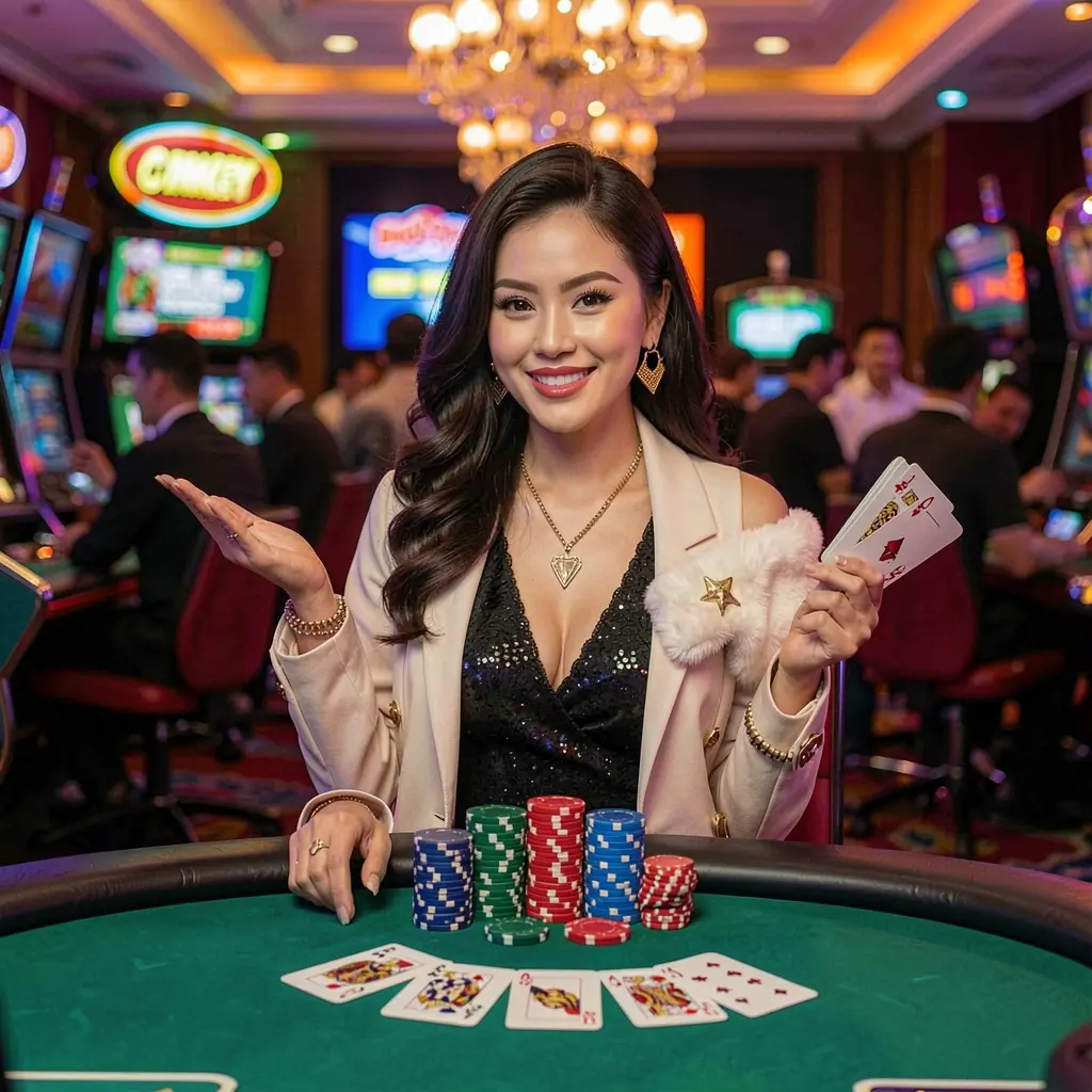 Stylish live casino dealer standing by a gaming table with stacked chips and slot machines in the background showcasing the premium MNPH casino experience for players in the Philippines