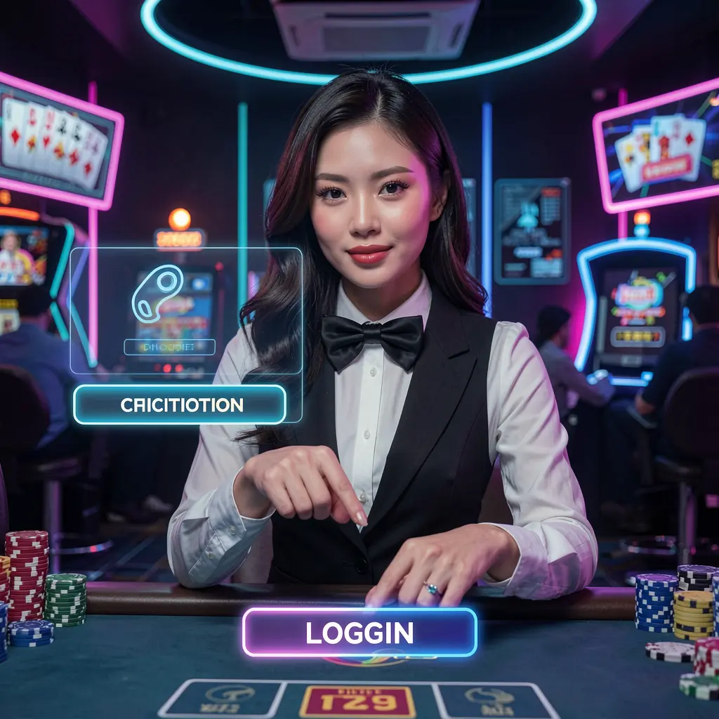 MNPH Login – Secure and fast access to your casino account in the Philippines Confident casino dealer pointing at a glowing MNPH login button with futuristic neon casino lights highlighting secure access for players in the Philippines